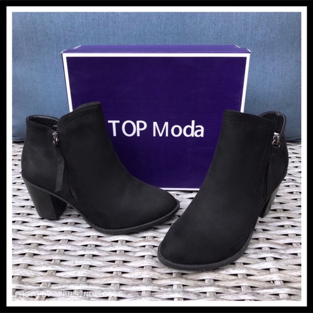 BLACK ANKLE BOOTIES BLOCK HEEL MOTO BOOTS - Picture 2 of 8